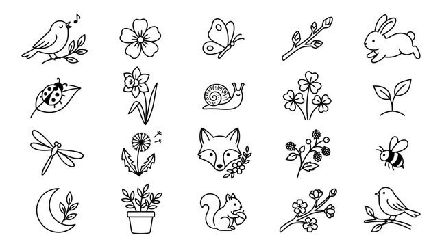 Spring Doodle Icons: Animals, Flowers, Nature Elements - Hand Drawn Vector Set