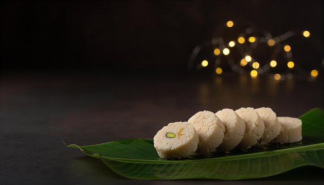 Traditional Indian Sandesh Sweets on Fresh Banana Leaf with Festive Bokeh