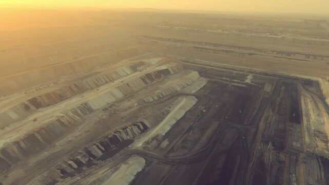 Aerial - open pit coal mine terraced benches in golden haze at sunrise Thar Pakistan