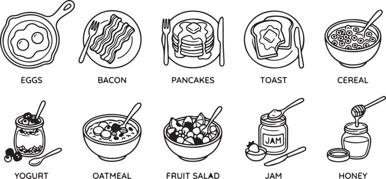 Set of simple black outline icons representing breakfast food items like eggs bacon pancakes toast cereal yogurt oatmeal fruit salad jam and honey.