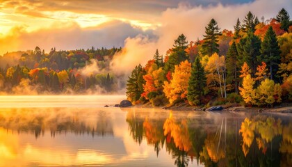 Obraz premium A breathtaking sunrise over a misty lake during autumn.