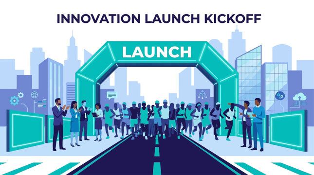 Vector graphic illustration of people launching innovation event with city background