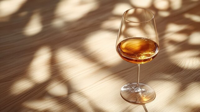 Amber liquid in a stemmed glass on a textured wooden surface with dappled sunlight and shadow patterns