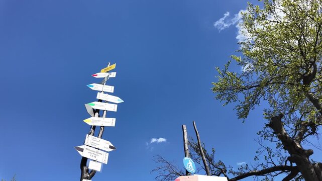 Footage of a wooden signpost at the Magurka summit, expanding to a scenic panorama on sunny day.