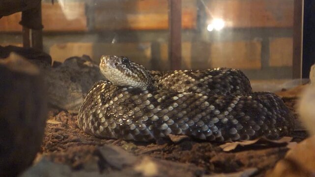 Crotalus durissus snake, or South American rattlesnake, sniffs with its tongue. in aquarium