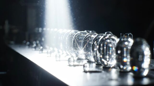 Optical glass lens row reflecting bright light with sparkling highlights transparent reflective surface creating mesmerizing reflections