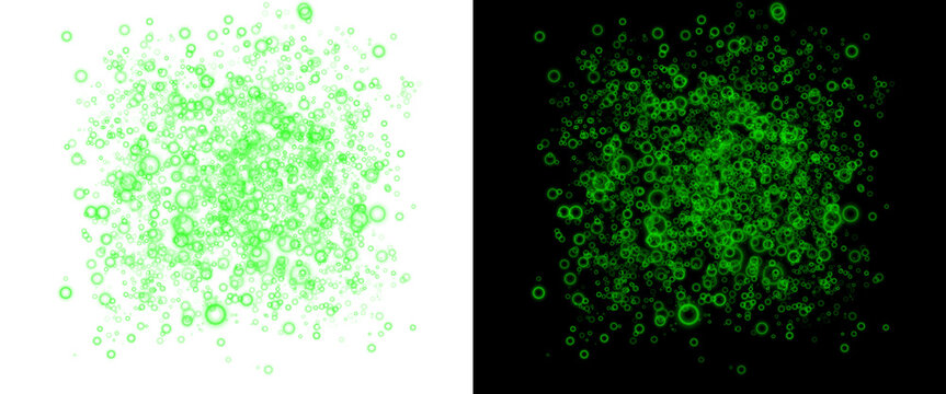 Glowing green bokeh bubbles on black and white backgrounds, abstract neon circle particles, vibrant light effect overlays for creative design