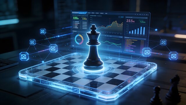 Futuristic Chess Game - Strategy, Technology, and Data Visualization Concept.