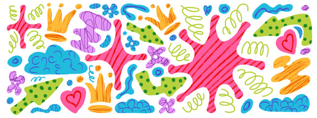 Fototapeta premium Bold sticker paper cutout shapes with crayon doodle scrapbook texture. Colorful naive sticker elements and geometric paper collage for kid journaling. Vector set of pink green shapes for planner
