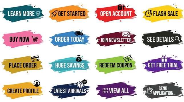 Vector set of colorful brush stroke call to action web buttons and banners for online shopping templates