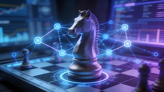 Futuristic Chess Game with Digital Knight and Glowing Connections.