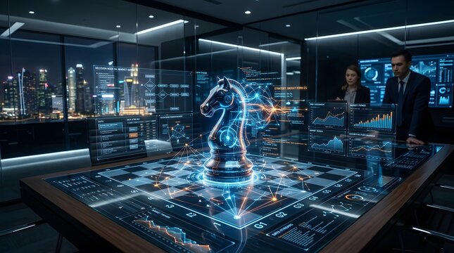 Futuristic Chess Game with Holographic Knight in Modern Office Setting.