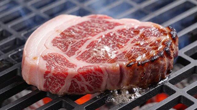 Thick Slice Of A5 Wagyu Beef Searing On A Black Grill - Close-Up View Showing Marbling And Texture