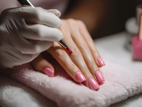Close-up of a manicurist applying pink nail polish to a clients fingernails.