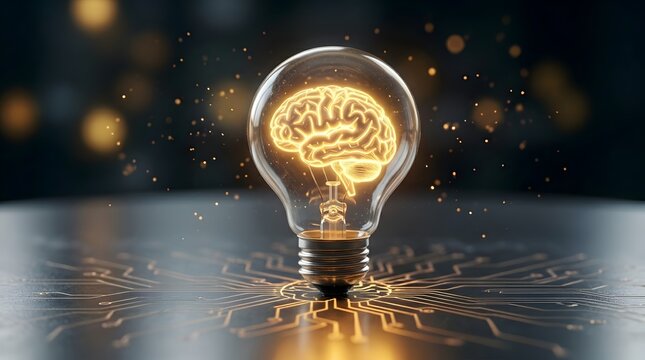 Glowing digital brain inside lightbulb on circuit board network