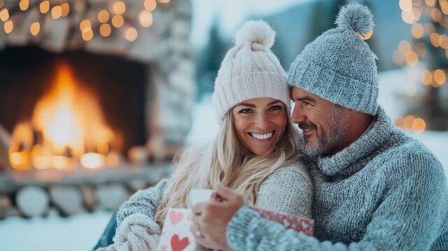 Radiant woman and contented man in cozy winter apparel share tender moment, exchanging heartwarming gift by glowing outdoor hearth.