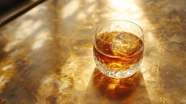 Amber Whiskey in a Glass with Ice Cubes on a Textured Surface in Sunlight