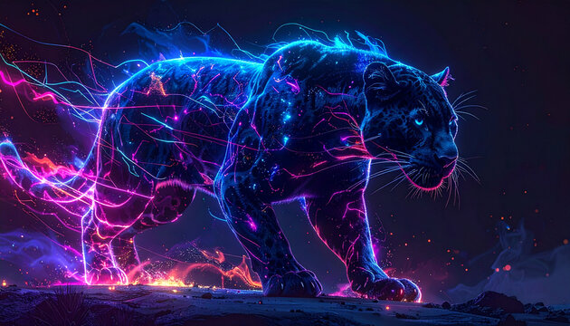 Neon panther walking in futuristic glowing energy trails