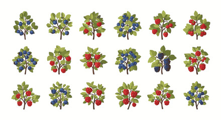Fototapeta premium Vector illustration collection featuring eighteen individual berry bushes including ripe blueberries, red raspberries, blackberries and currants with green foliage on white background.