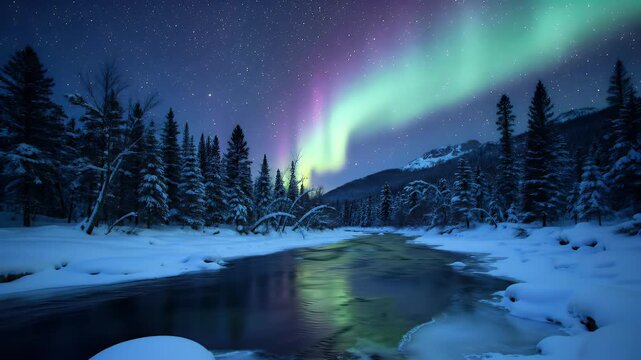 Majestic aurora dances over a serene, snow-covered forest and reflective river