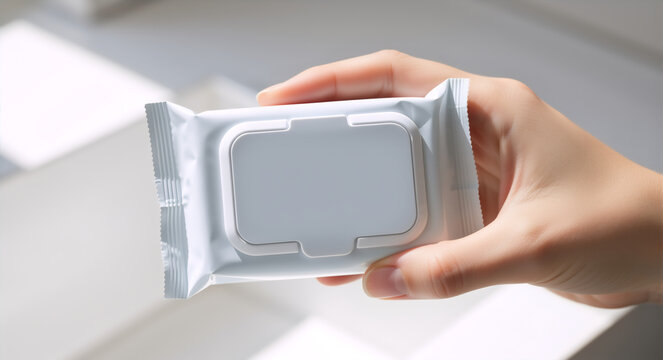 Hand holding a package of wet wipes. Hygiene product for personal care. Blank packaging mockup