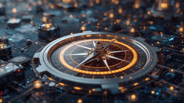 Futuristic Compass Navigating Digital Landscape with Glowing Details.