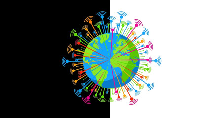 Naklejka premium Vibrant illustration of Earth with colorful virus particles.