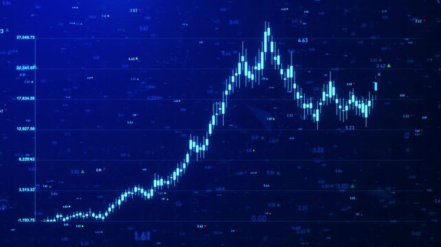 Blue Financial Candlestick Chart Animating Upward on Digital Grid