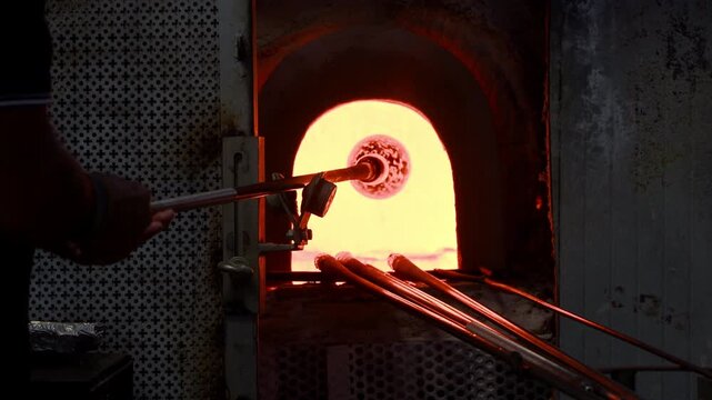 Close up of glassblower shaping molten glass in glowing kiln with twisting blowpipe
