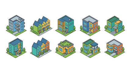 Isometric Houses Collection: Modern City Architecture and Residential Buildings © Sandal