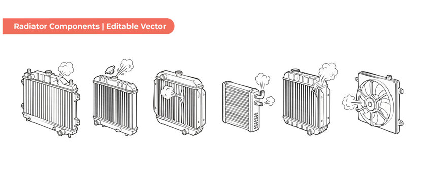 Car radiator cooling system components showing damaged vehicle parts leaking steam from engine overheating malfunction icon set isolated on white background for auto repair shop vector line art packs.