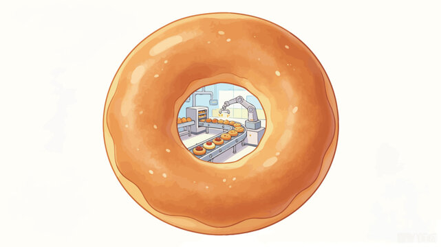 Glossy donut with factory scene inside, whimsical illustration