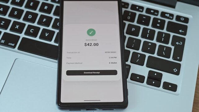 Smartphone displaying successful online transaction and electronic receipt