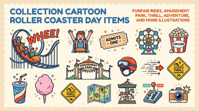 Cartoon Roller Coaster Day Items and Amusement Park Fair Icon Set Collection