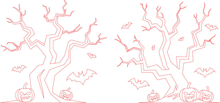Spooky bare trees with flying bats and grinning pumpkins for Halloween forest scene