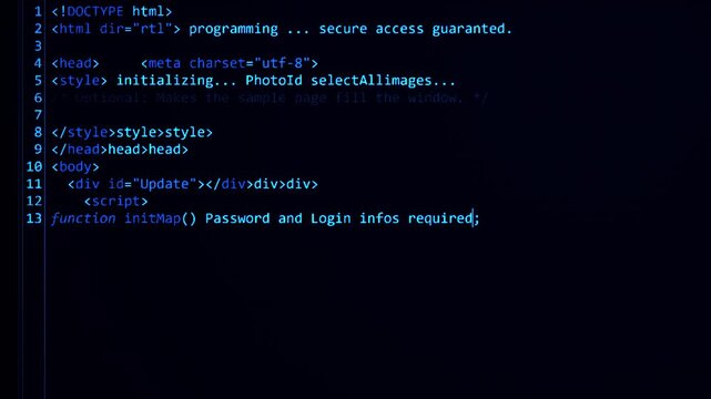 This animated visual features lines of vibrant, cyan-blue programming code dynamically typing across a dark, digital screen background. The clean, modern aesthetic with glowing text offers a futuristi