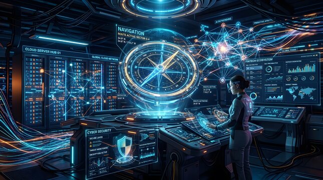 Futuristic Control Room with Advanced Technology and Data Visualization.
