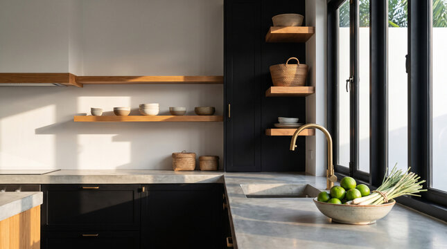 Contemporary Thai Kitchen with Matte Black Cabinets, Concrete Countertop and Fresh Thai Herbs in Morning Light