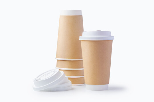 Takeaway coffee paper cups with lids isolated on white background