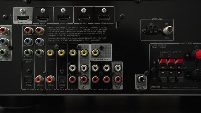 Static close-up of an AV receiver rear panel filled with HDMI, component video, o and speaker connections, ideal as a tech background or explainer cutaway.