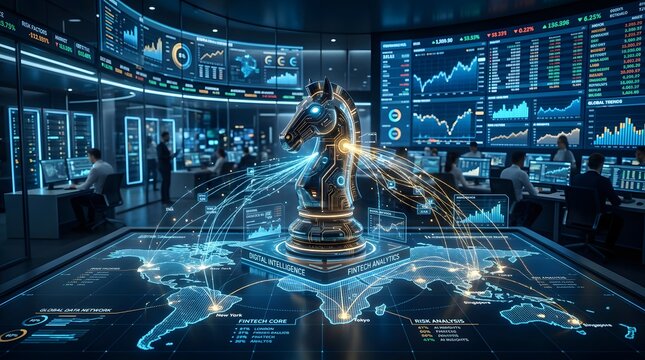 Futuristic Data Center with Advanced Technology and Global Network Visualization.