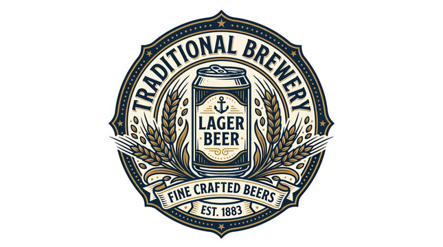 Traditional Brewery Emblem with Lager Beer Can and Wheat Stalks