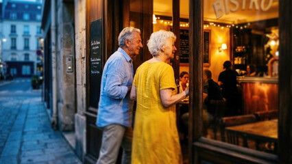 Fototapeta premium Senior couple entering a cozy illuminated Parisian bistro on a charming evening street