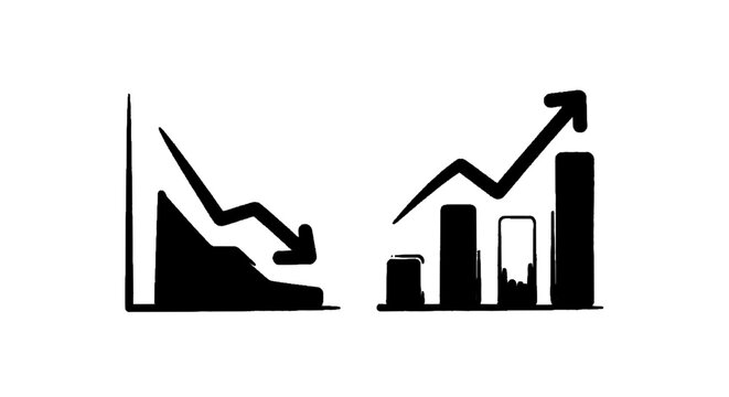 Minimal black silhouette icon, simple flat vector, bold black shape, no gradients, no shading hand drawn business charts showing growth and decline on a, flat icon style