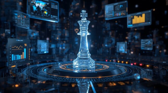 Futuristic Digital Chess King - Strategy and Technology Concept.