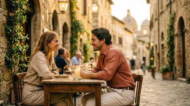 Romantic couple sitting at outdoor restaurant table by candlelight in an old Italian street