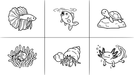 Obraz premium This image showcases various aquatic creatures, emphasizing the diverse and colorful aspects of underwater life through whimsical artistic illustrations.
