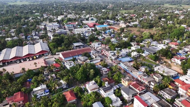 Aerial view of Sustainable urban landscape in Kerala where solar-powered rooftops, bustling streets, and dense residential communities blend seamlessly with abundant greenery and modern development