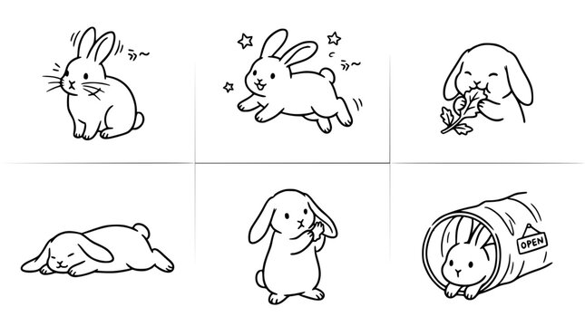 This delightful set of illustrations features charming rabbits in playful and serene situations, showcasing their cute antics in a whimsical and heartwarming manner.