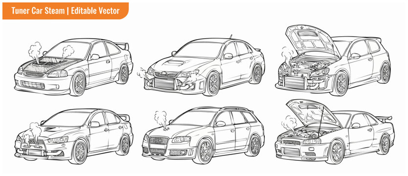 Tuner car vector line art set showing smoking overheating engines with steam coming out of open hoods for automotive repair maintenance illustration and racing car tuning design assets outlines packet